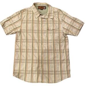 prAna Men's Short Sleeve Button Down Plaid Shirt Khaki Size XL